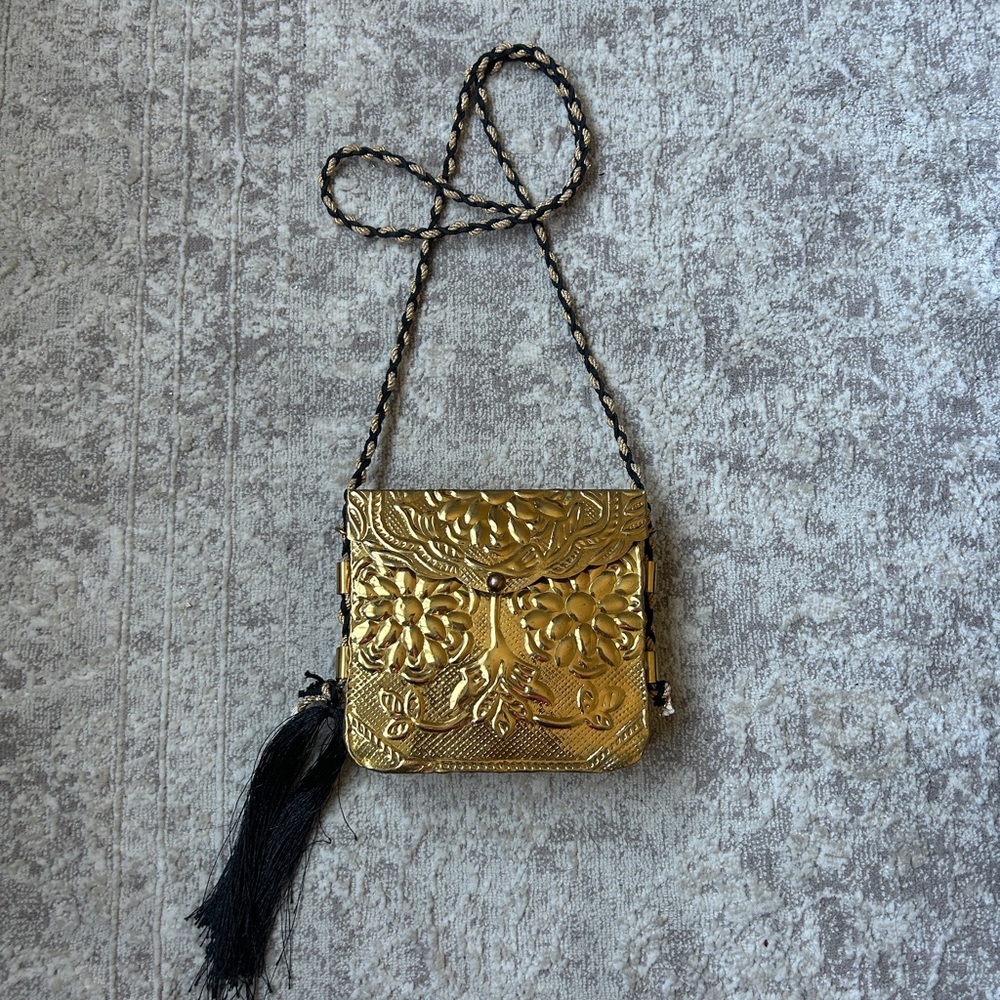 Zara Gold Embossed Floral Crossbody with Black Tassel